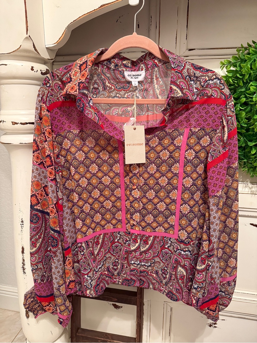 Lil Bee’s Bohemian eesome Pink Multi Paisley Patchwork Button-Front Blouse -